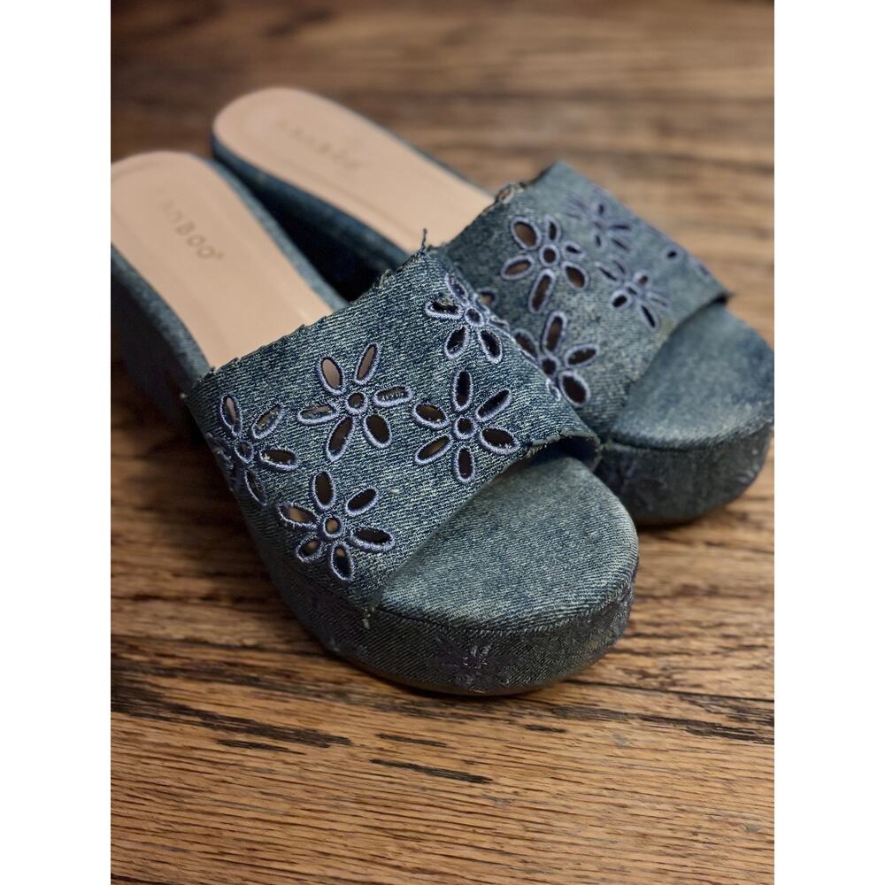 Bamboo Denim Floral Cutout Slide Sandals | Y2K Cottagecore Platform Slide Size 7